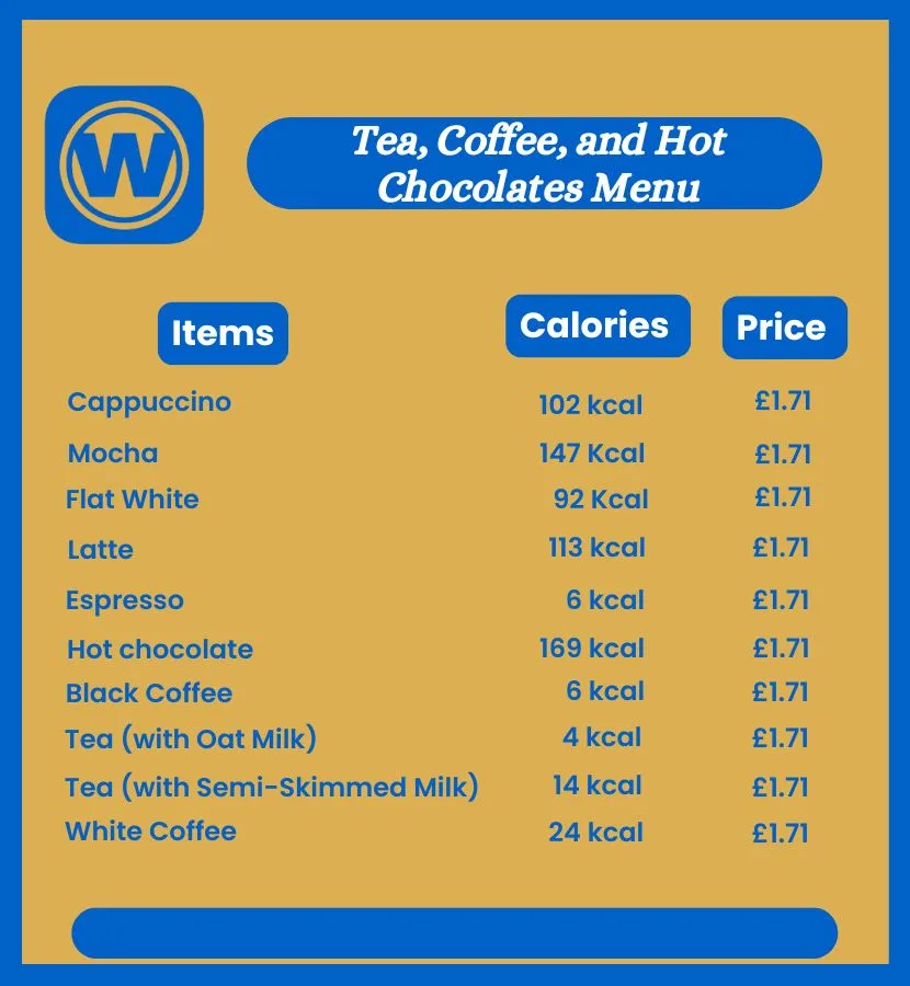 Tea, Coffee, and Hot chocolates from wetherspoon breakfast menu