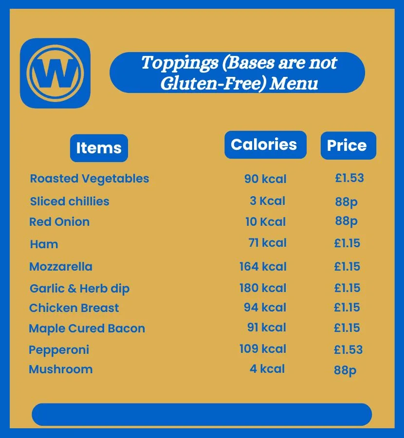 Toppings (Bases are not Gluten-Free) options of wetherspoon pizza menu