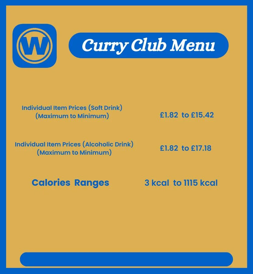 Wetherspoon Curry club menu with prices