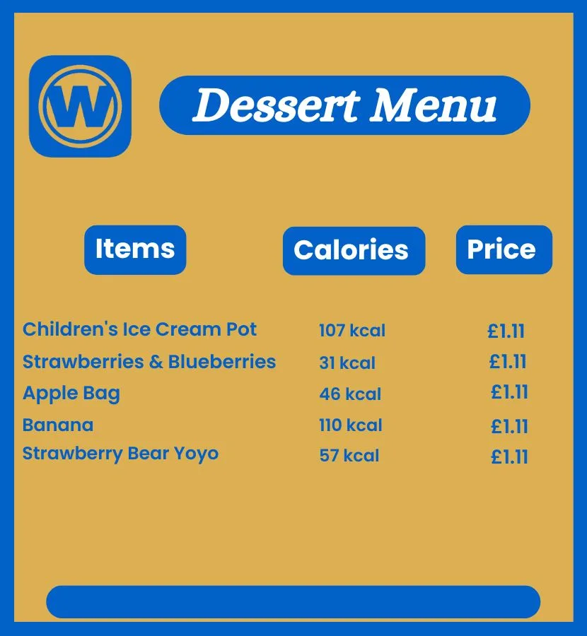 Wetherspoon Dessert Menu for kids