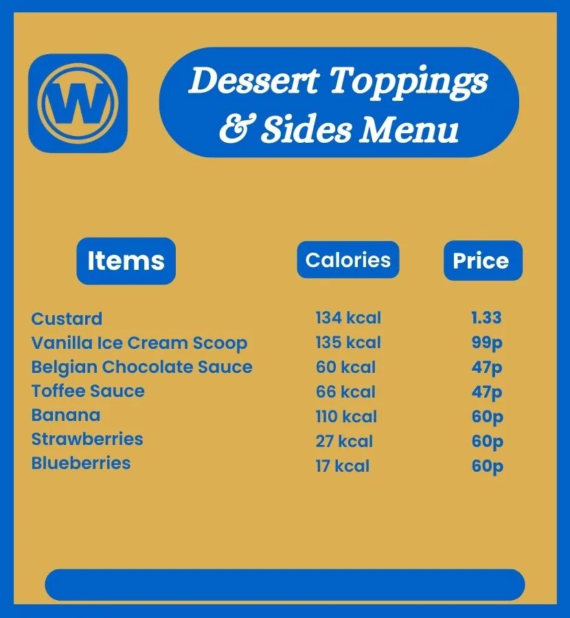 Wetherspoon Dessert Toppings & Sides Menu