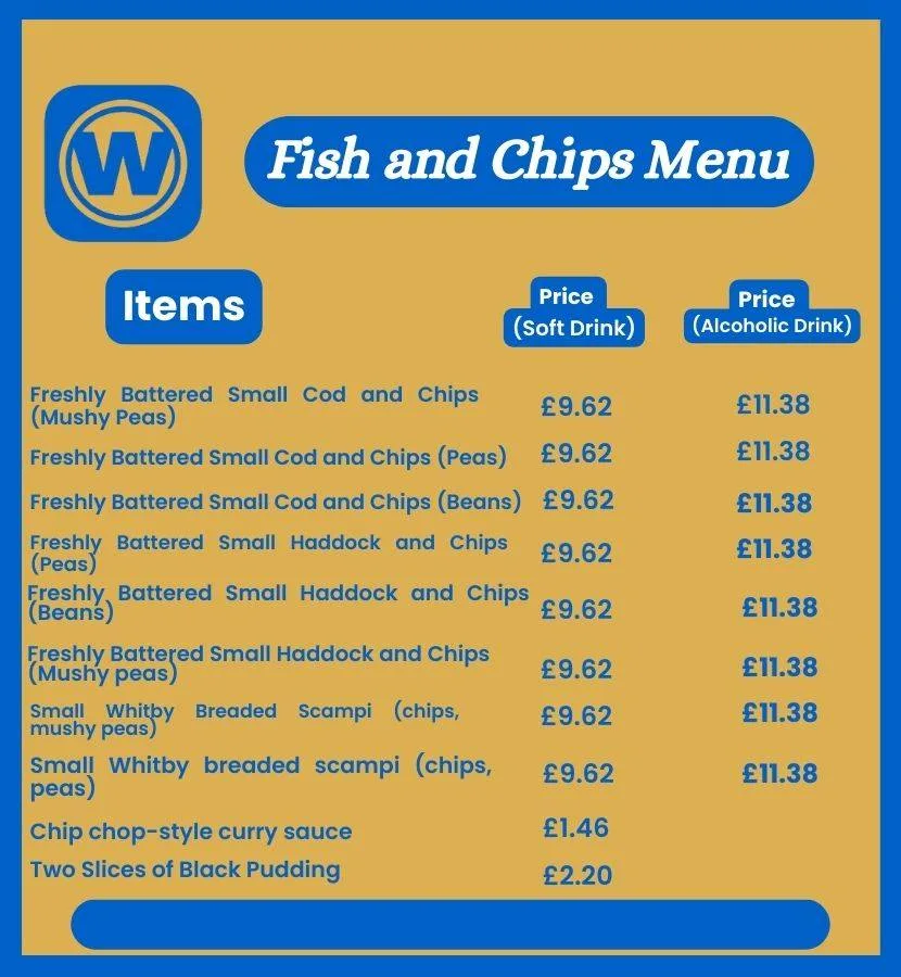 Wetherspoon Fish and Chips menu in small pub classic menu