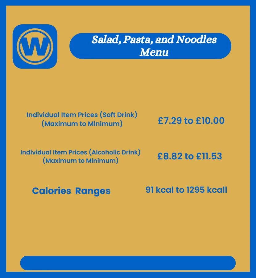 Wetherspoon Salad Pasta and Noodles Menu with prices