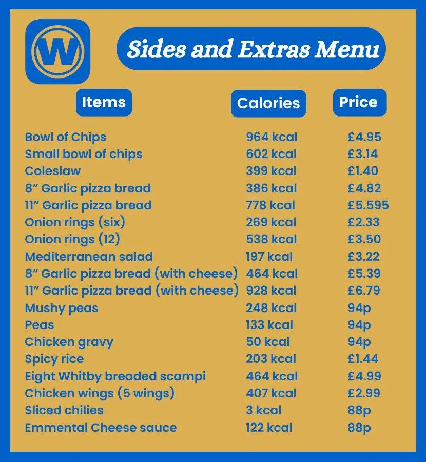 Wetherspoon Sides and Extras menu with prices