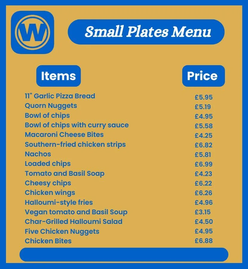 Wetherspoon Small Plate Menu