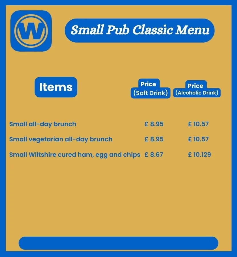 Wetherspoon Small Pub Classics menu with prices