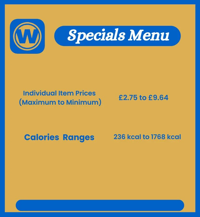 Wetherspoon Specials Menu with prices