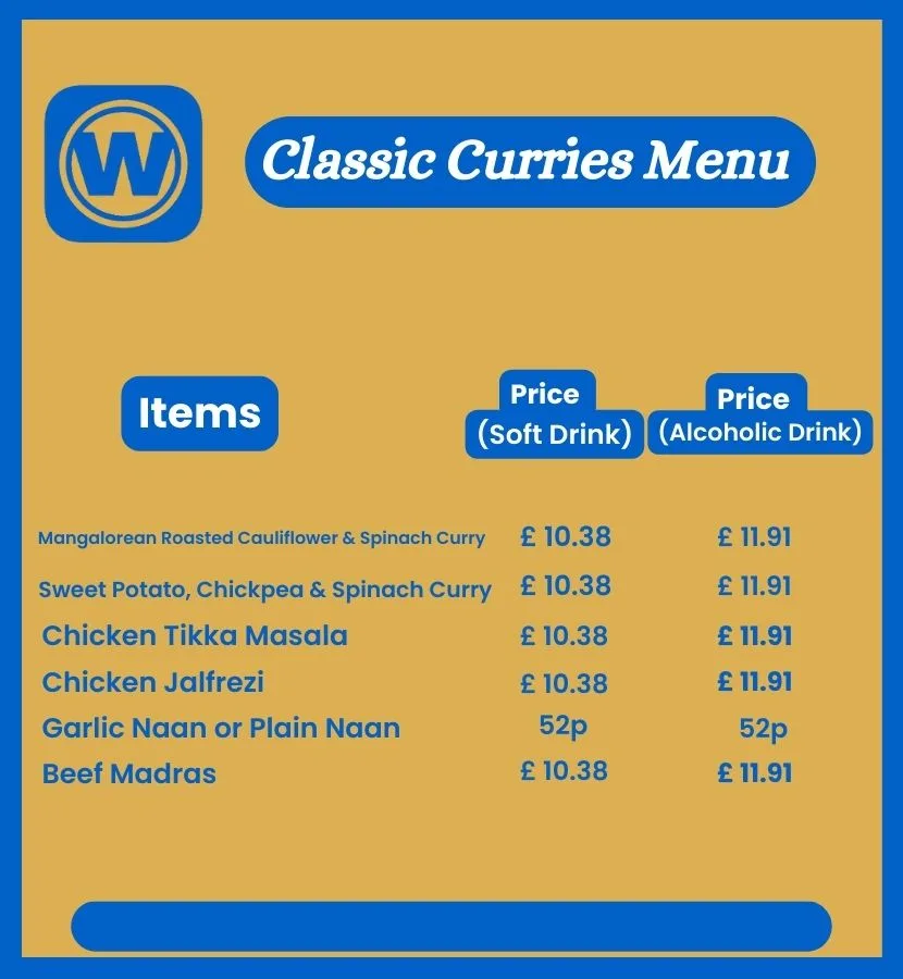 Wetherspoons Classic Curries menu