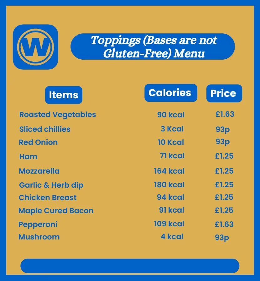Wetherspoons Pizza Topping Menu with Prices