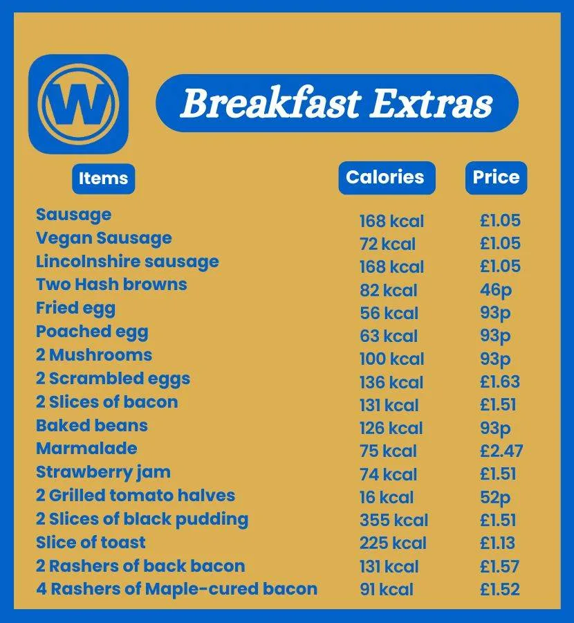 wetherspoon Breakfast Extras Menu