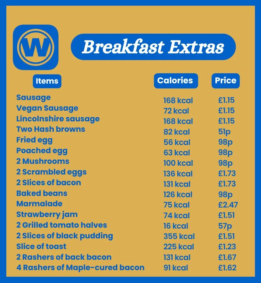 wetherspoon Breakfast Extras Menu