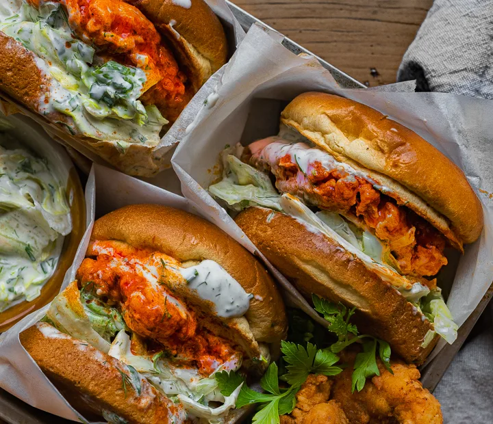 Crispy Buffalo Chicken Burgers with Ranch Slaw