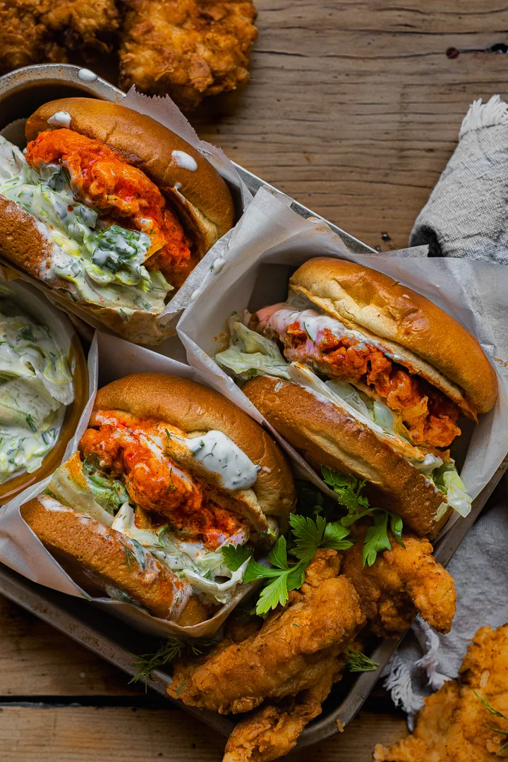 Crispy Buffalo Chicken Burgers with Ranch Slaw