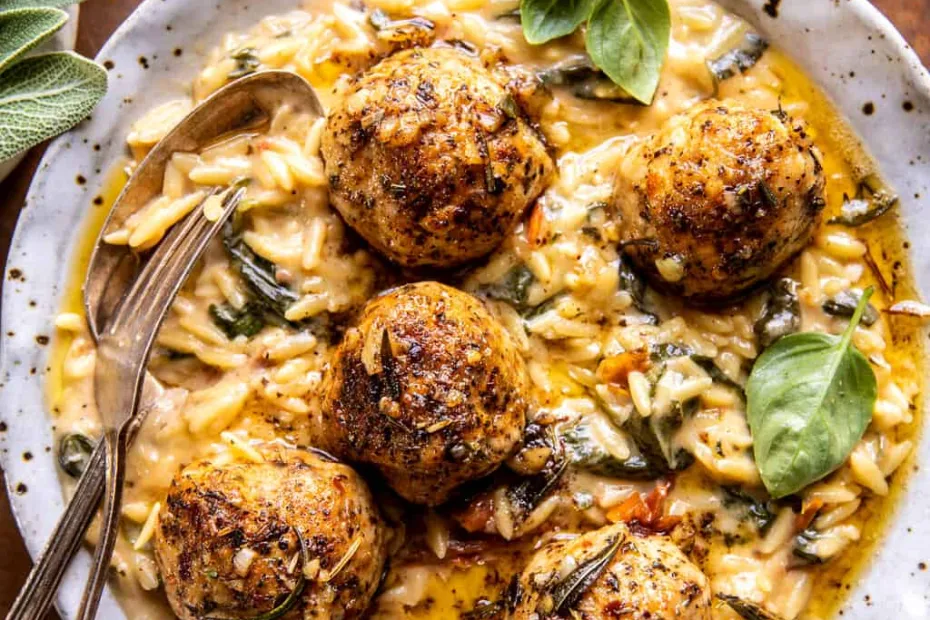 Crockpot Garlic Butter Chicken Meatballs with Creamy Orzo