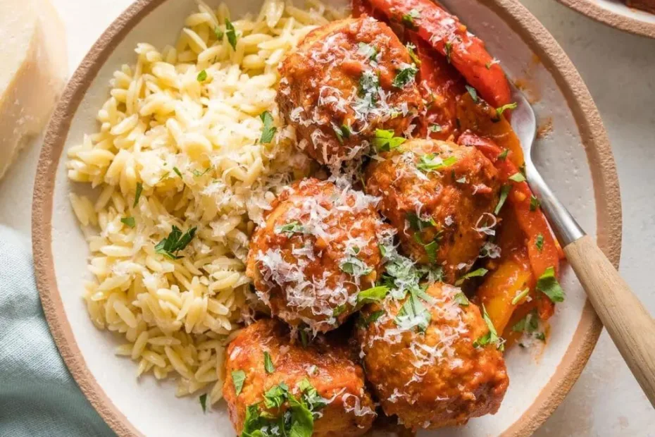 chicken meatballs with orzo and peppers