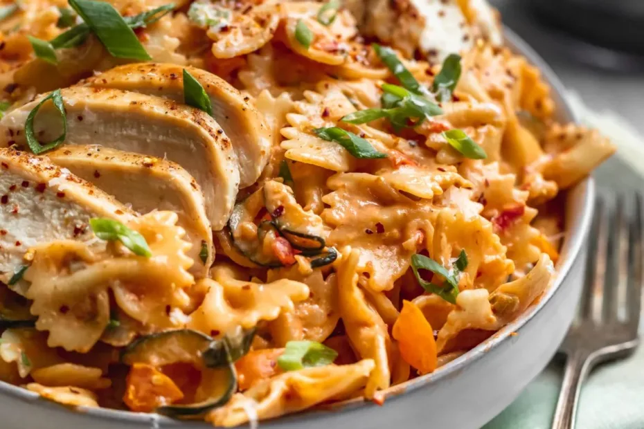 creamy spicy chicken pasta with summer vegetables