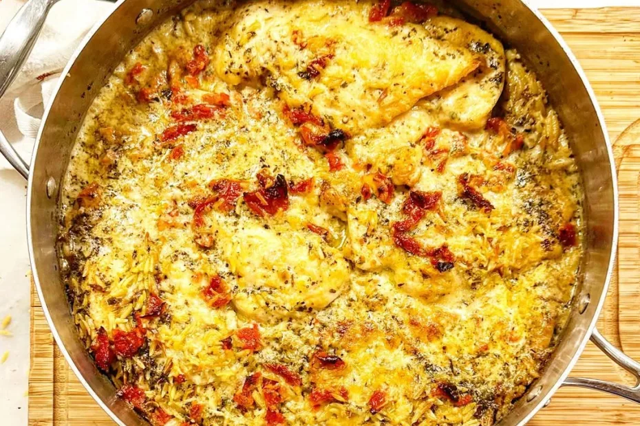skillet white pesto chicken and orzo recipe