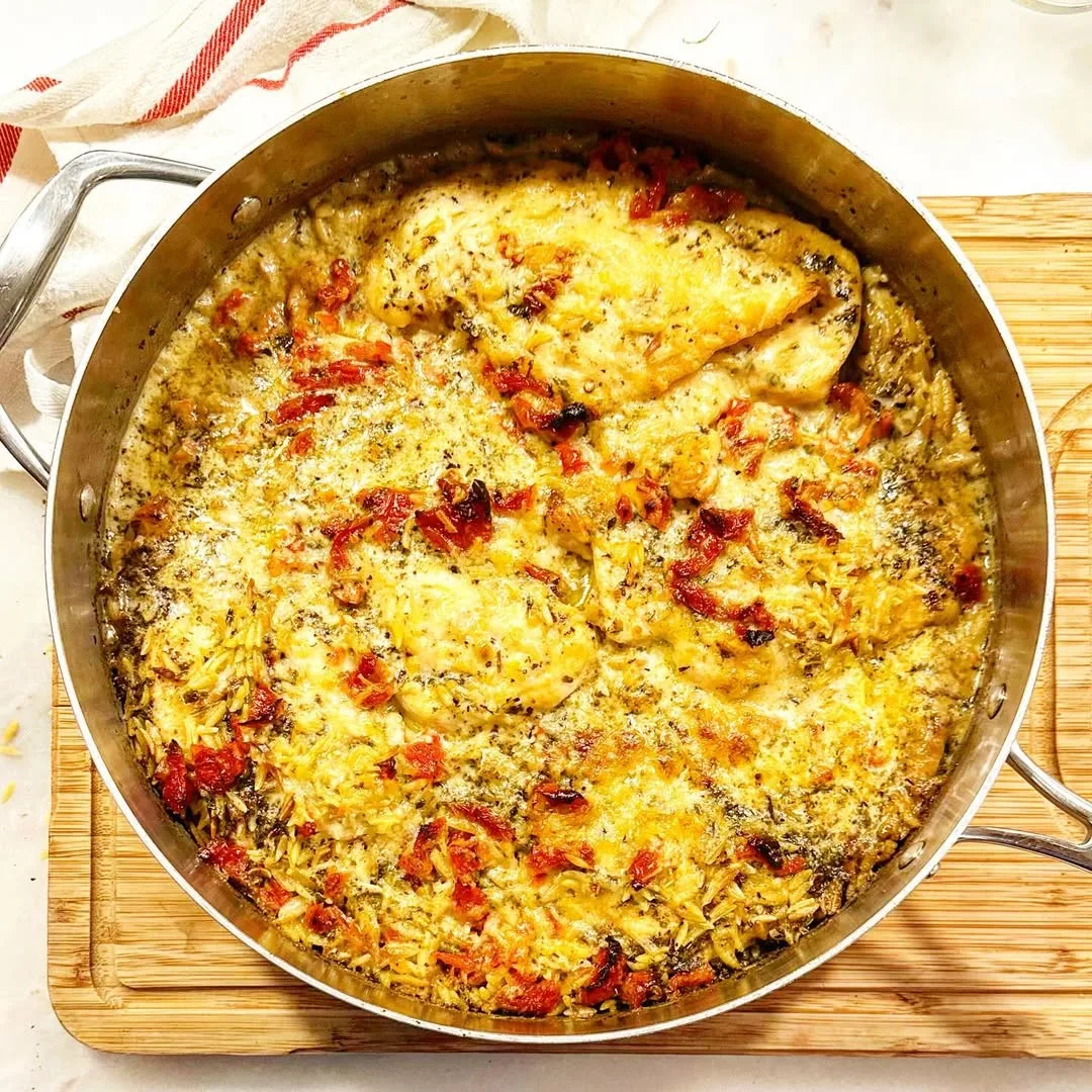 skillet white pesto chicken and orzo recipe