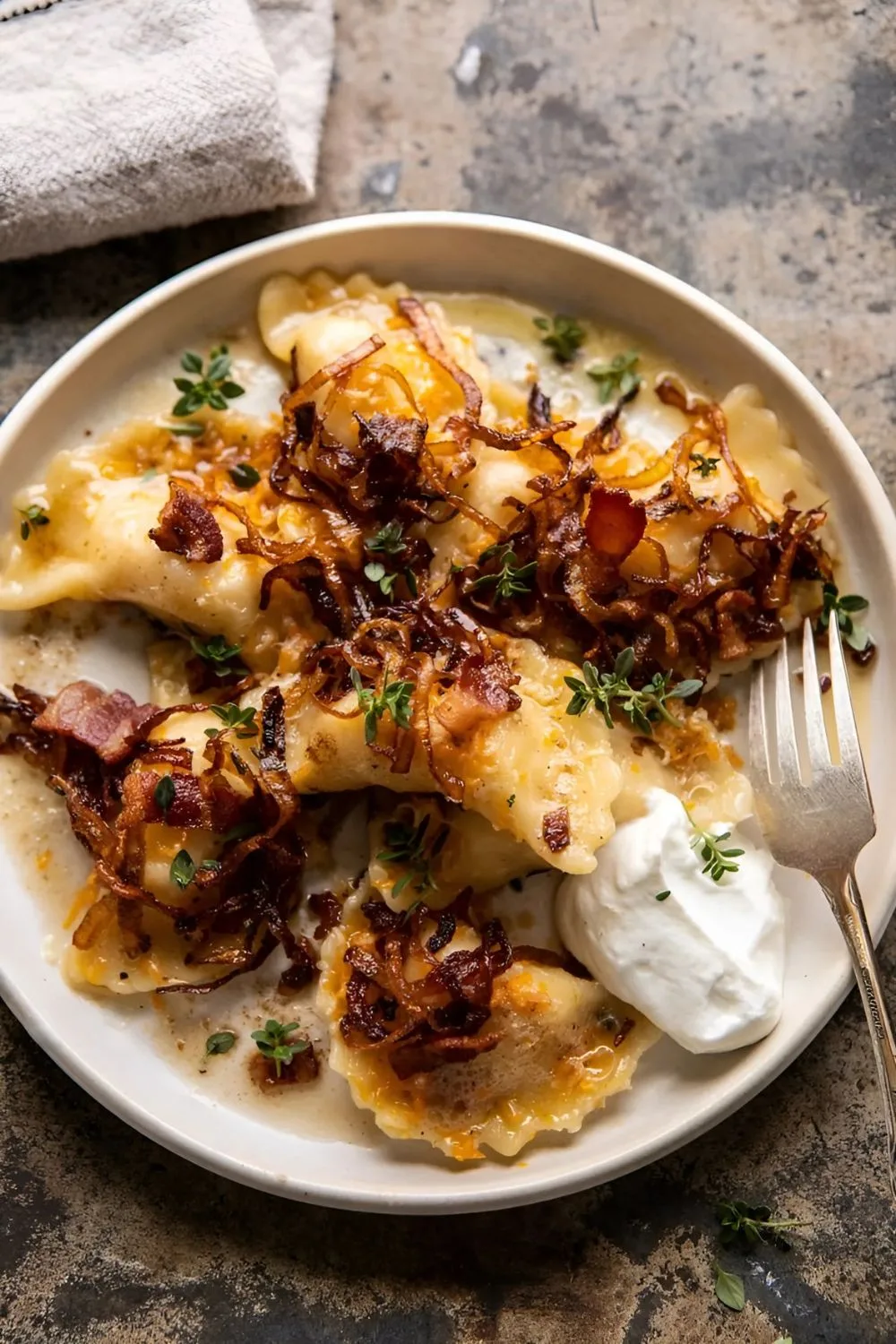 Cheddar Pierogies with Caramelized Onions and Bacon Recipe
