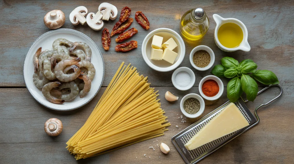 Ingredients for Mushroom Garlic Shrimp Pasta