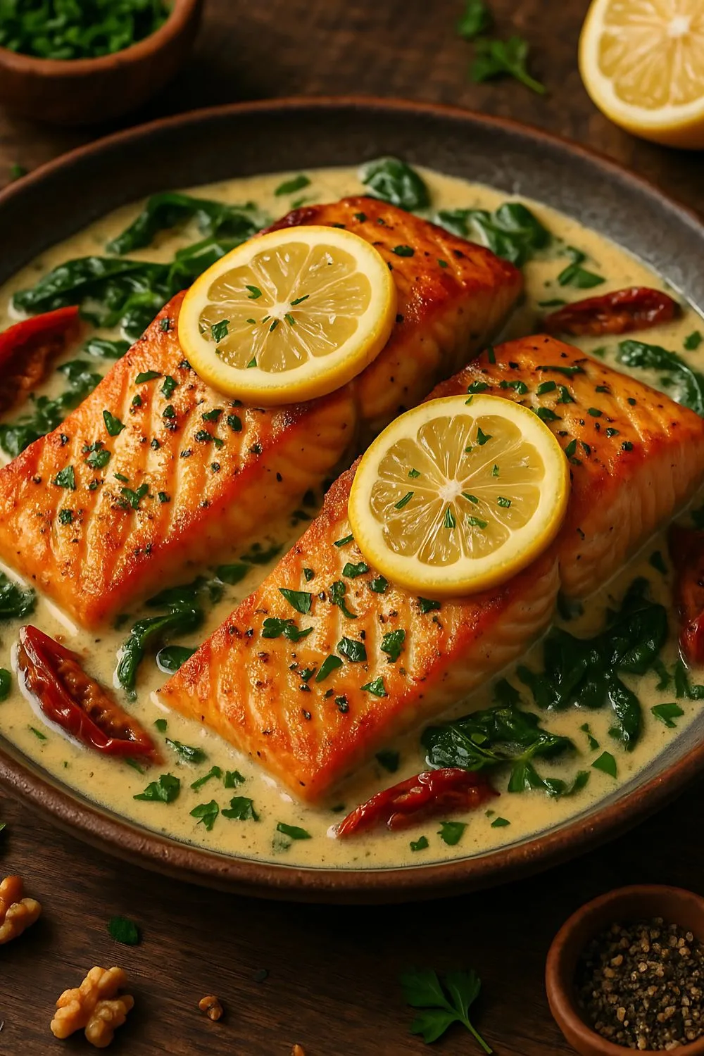 creamy pan seared salmon with lemon garlic cream sauce