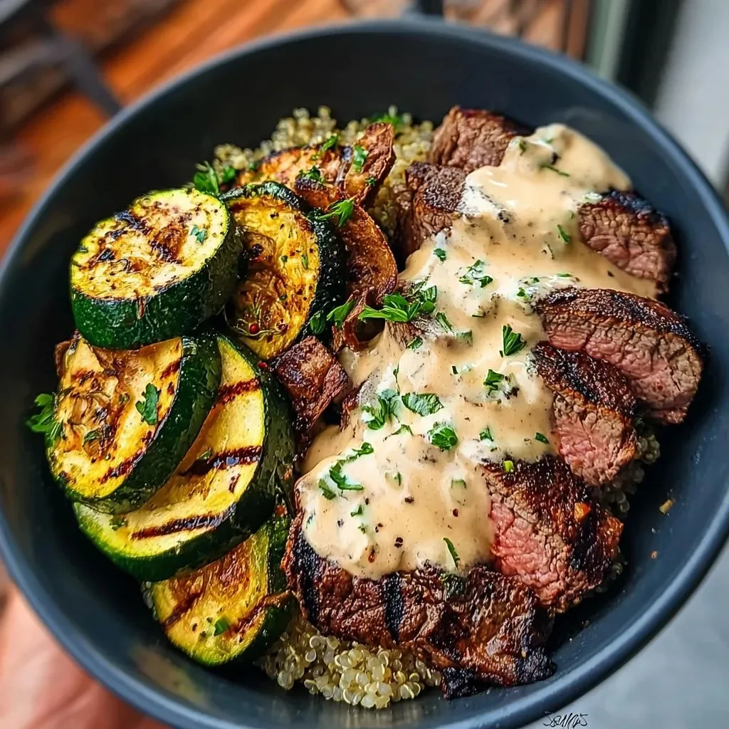 Grilled Steak Bowl with Creamy Sauce & Grilled Zucchini Recipe