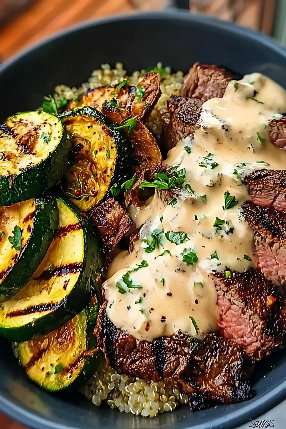Grilled Steak Bowl with Creamy Sauce & Grilled Zucchini Recipe
