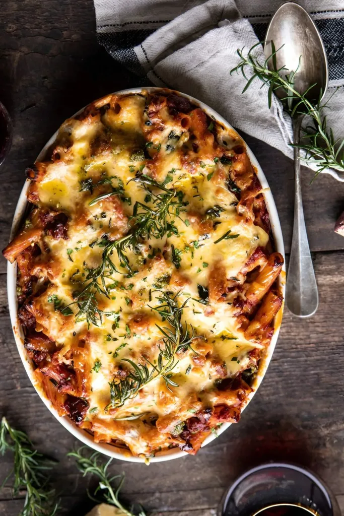 One Pot Spicy Pesto Cheese Baked Rigatoni Recipe