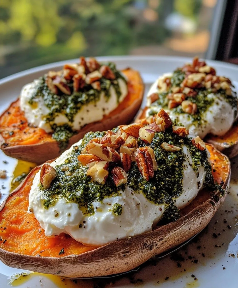 Stuffed Sweet Potatoes with Burrata and Pesto Recipe