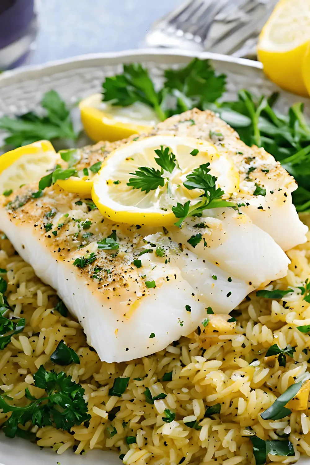 Baked Lemon Herb Cod with Rice Pilaf Recipe