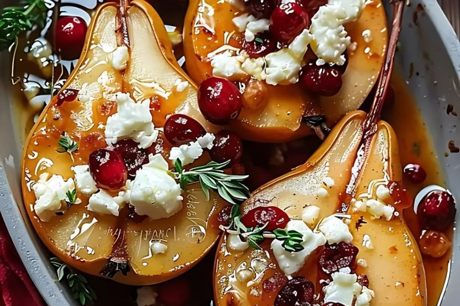 Baked Pears with Feta Honey and Cranberries