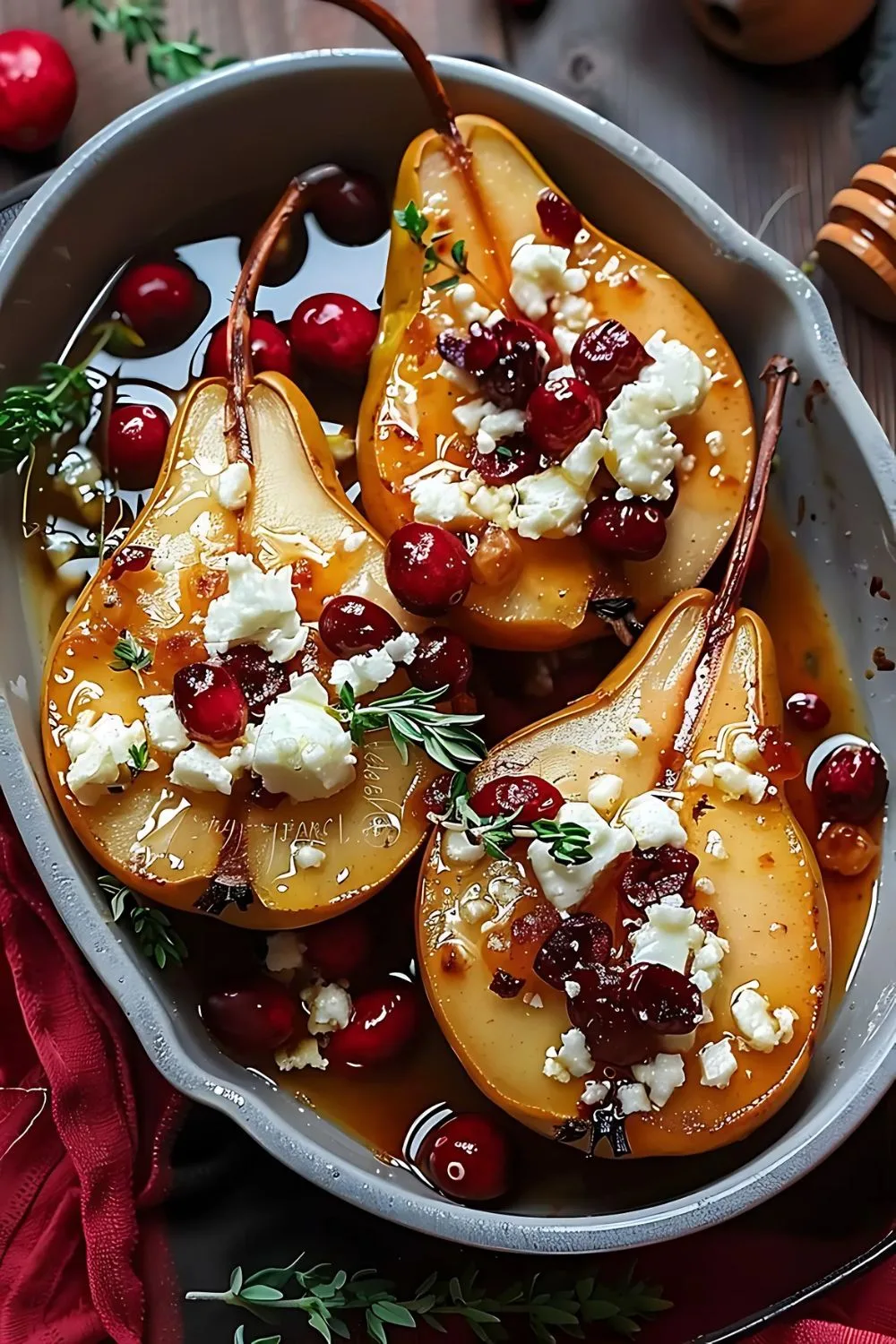 Baked Pears with Feta Honey and Cranberries