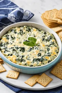 Cheesy Spinach Artichoke Dip with Crackers recipe