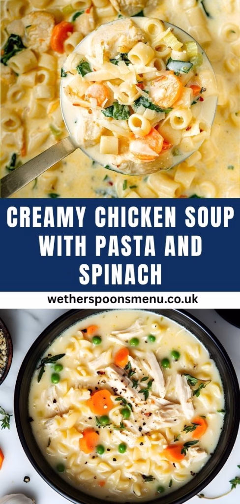 Creamy Chicken Soup with Pasta and Spinach Recipe