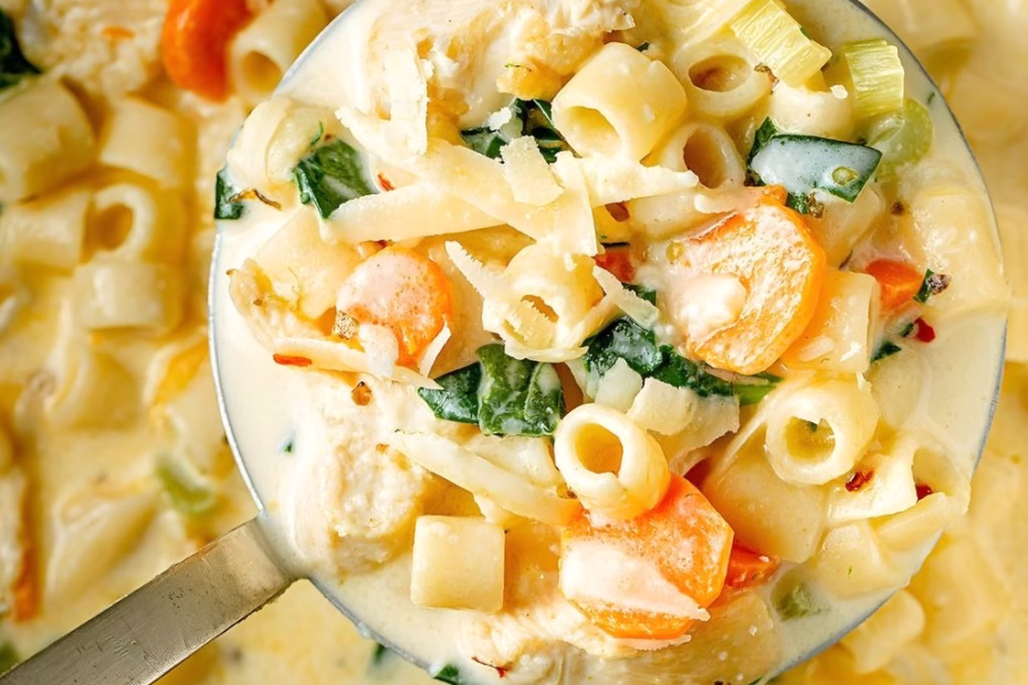 Creamy Chicken Soup with Pasta and Spinach Recipe