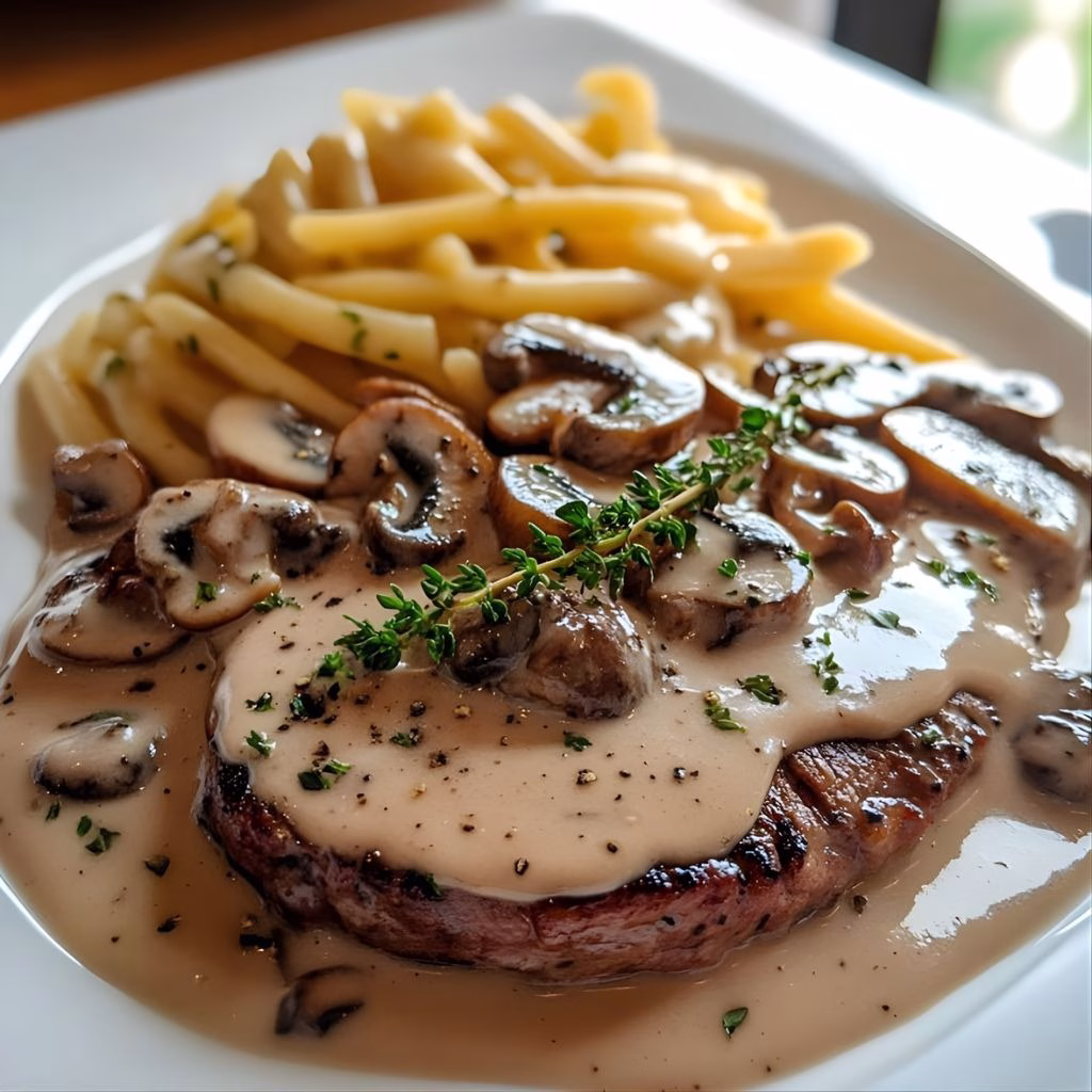 Steak With Creamy Mushroom Peppercorn Sauce Recipe