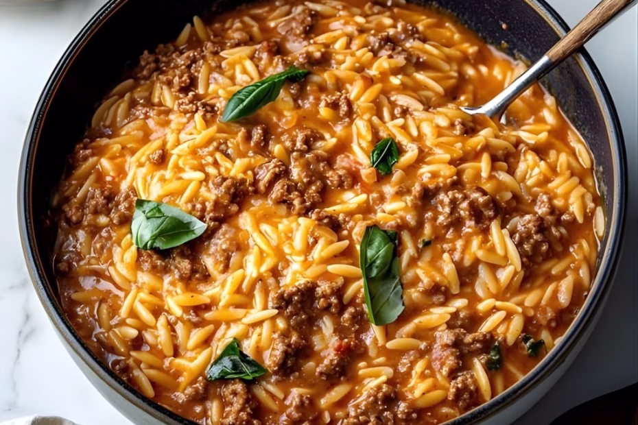 Ground Beef Orzo with Tomato Cream Sauce Recipe