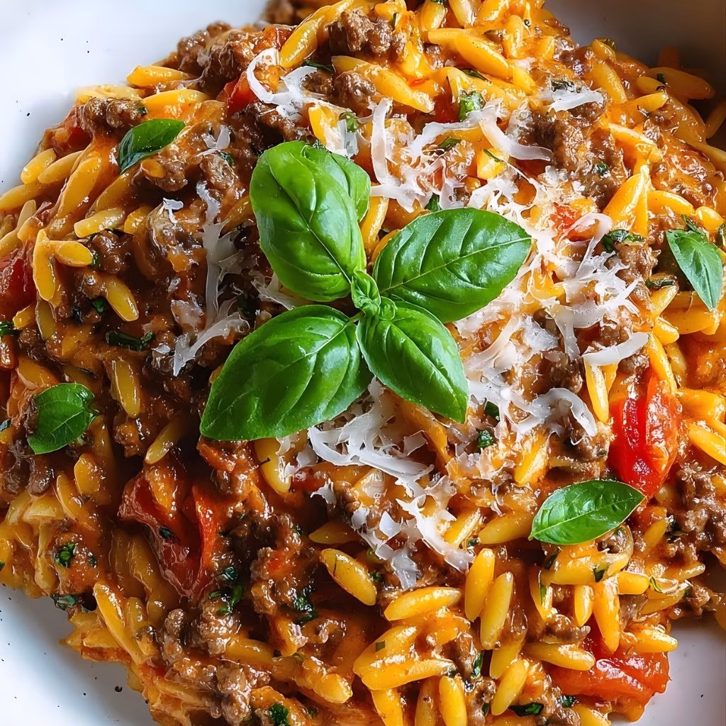 Ground Beef Orzo with Tomato Cream Sauce Recipe