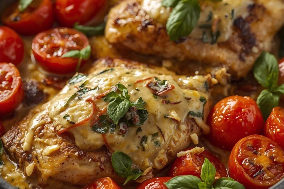 Creamy Pesto Chicken with Roasted Tomatoes Recipe