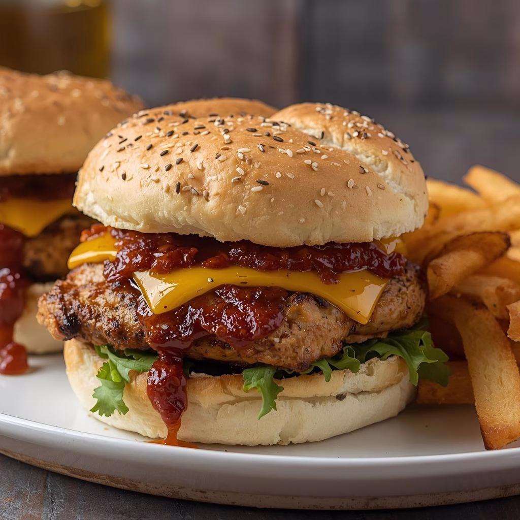 Potato Cheddar BBQ Chicken Burgers recipe