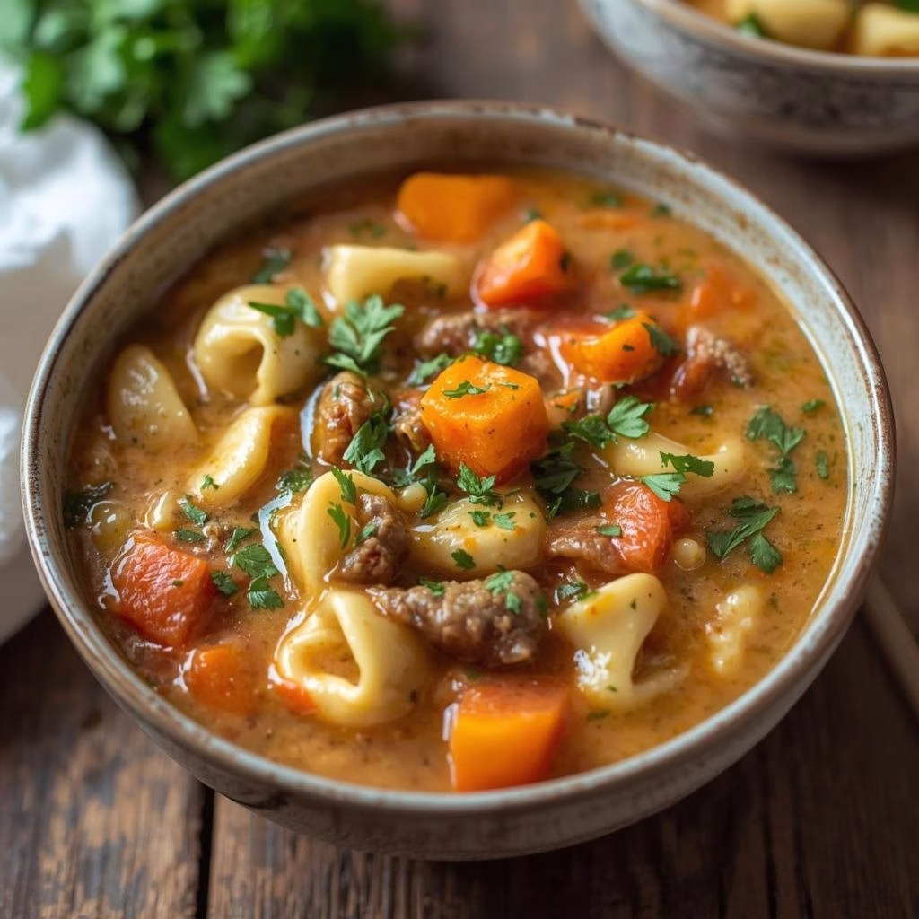 Healthier Slow Cooker Creamy Tortellini Vegetable Soup Recipe