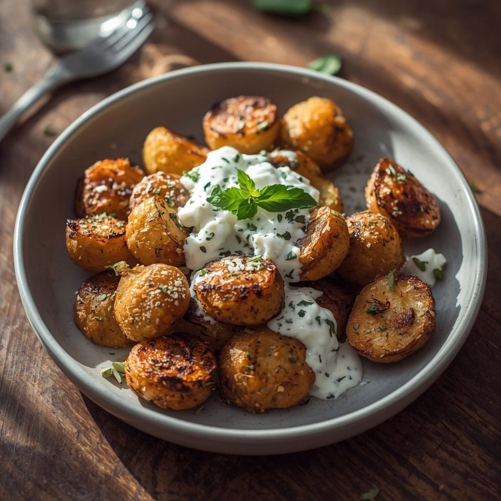 Crispy Oregano Roasted Potatoes with Creamy Feta Sauce Recipe