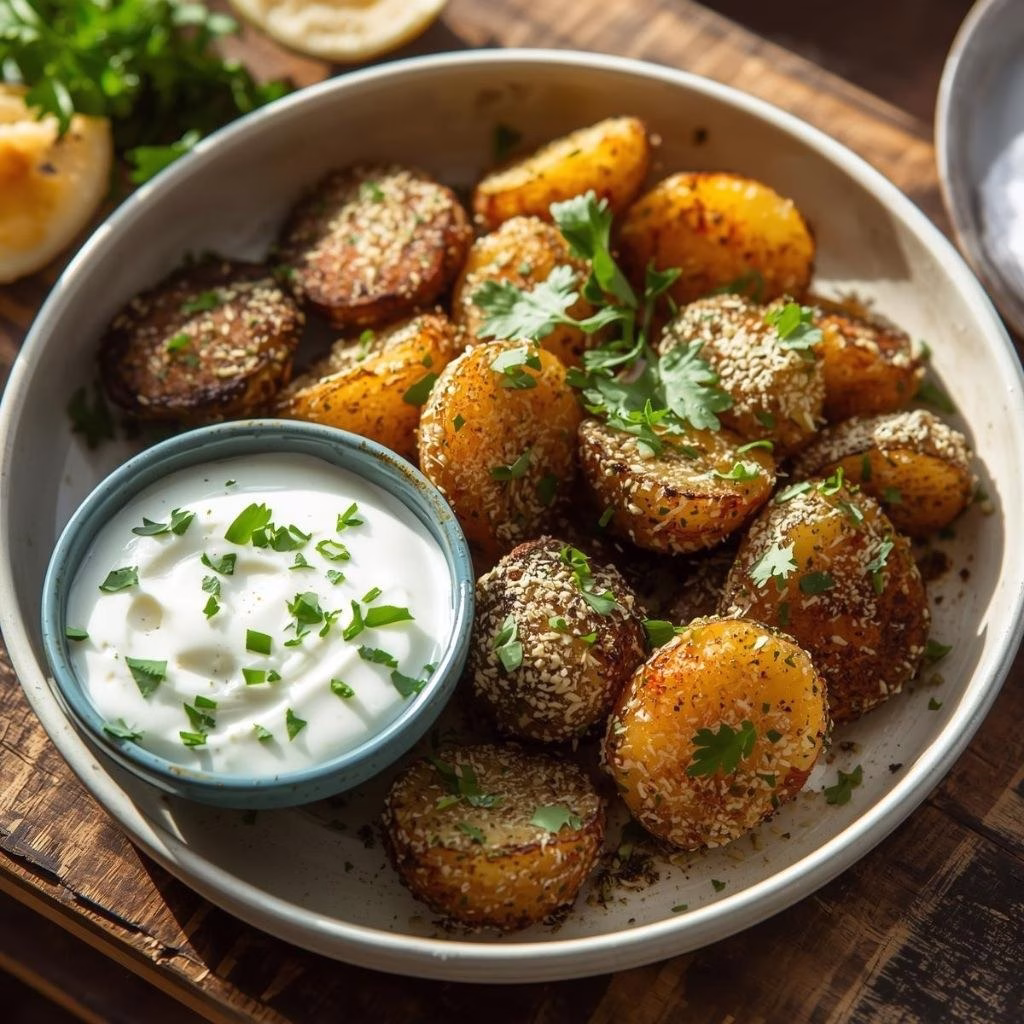Crispy Oregano Roasted Potatoes with Creamy Feta Sauce Recipe