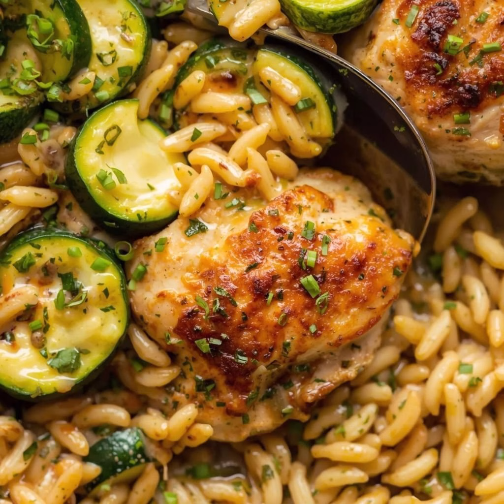 Skillet Garlic Butter Chicken and Zucchini Orzo Recipe