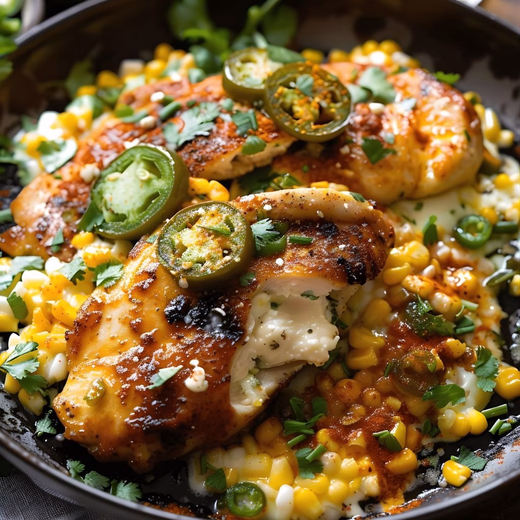 Jalapeno Cheddar Stuffed Chicken with Creamed Corn Recipe