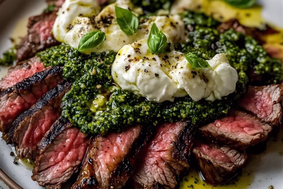 Pesto Steak Grilled Flank Steak with Burrata Pesto Recipe