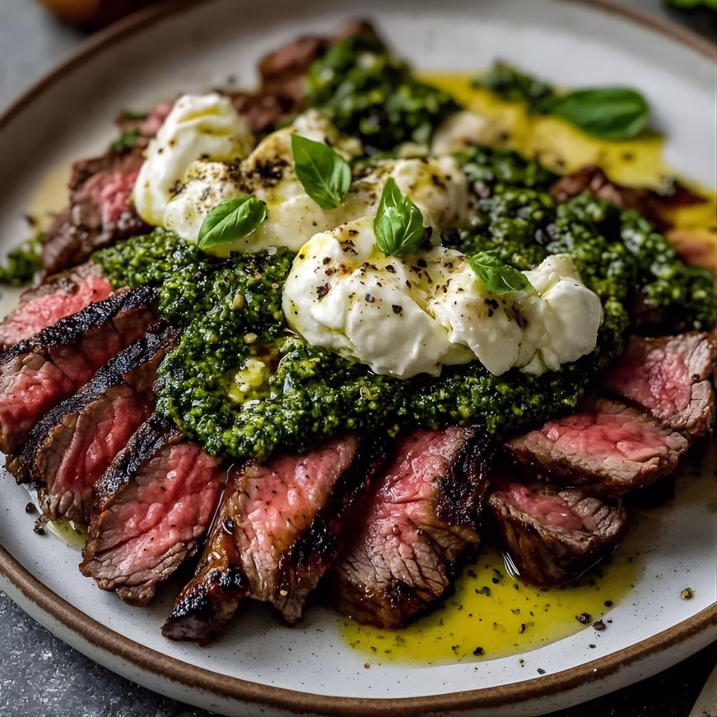 Pesto Steak Grilled Flank Steak with Burrata Pesto Recipe