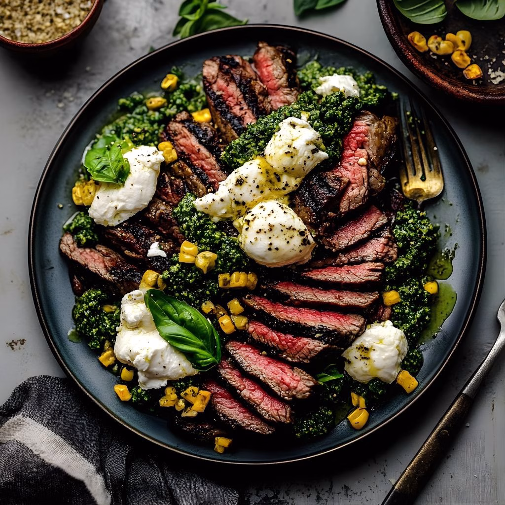 Pesto Steak Grilled Flank Steak with Burrata Pesto Recipe