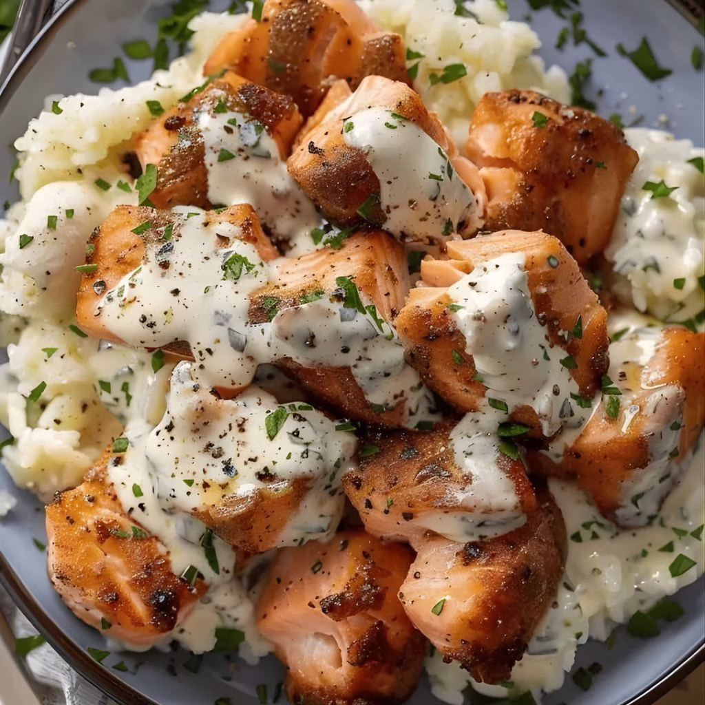 Salmon Bites with Garlic Cream Sauce Recipe