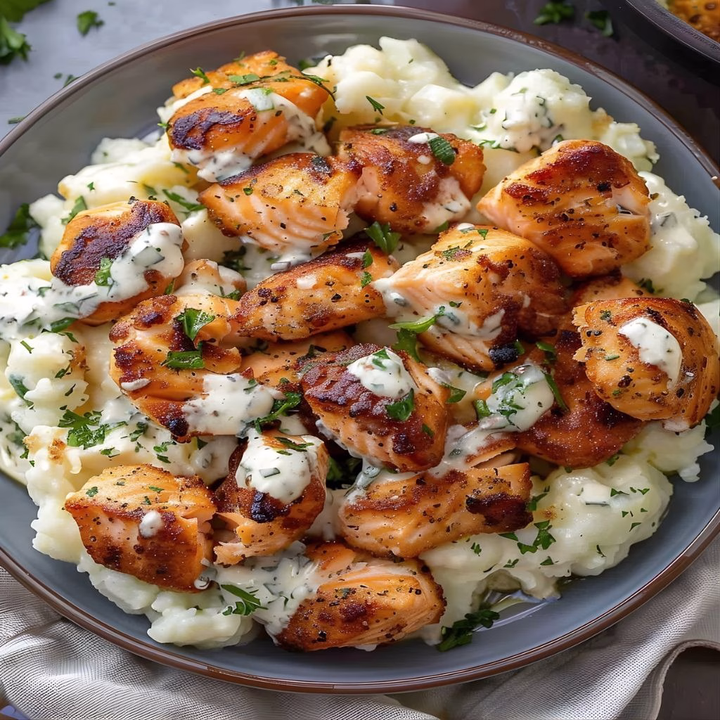 Salmon Bites with Garlic Cream Sauce Recipe